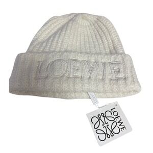 LOEWE Embroidered Ribbed Wool Beanie Hat Cream NWT Luxury Timeless